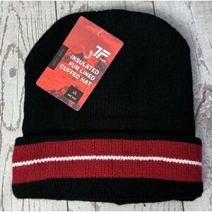 TruFit Insulated Fur Lined Cuffed Beanie Hat Black Red Knit One Size New
